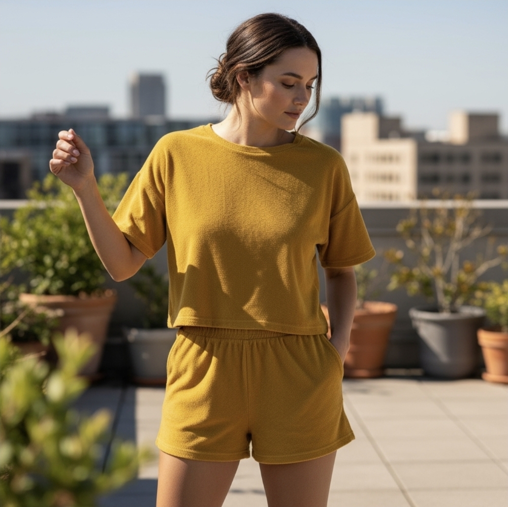 Max Studio Terry Cloth Women's Top and Short Set in Mustard Yellow Medium